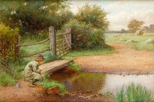 Zijn geluk beproeven, vissen in de beek door Charles Edward Wilson